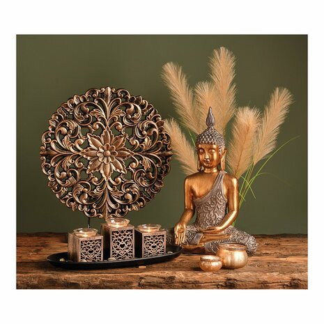 Raamdecoratie Ornament Bloem&nbsp;zwart goud H45cm /&nbsp;Paneel rond, op voet, voor vensterbank
