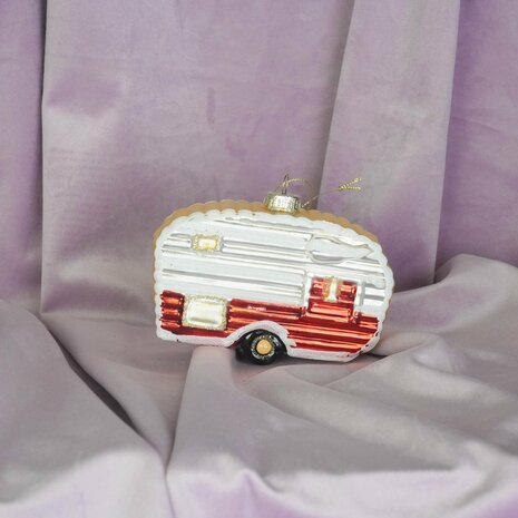 Kerstbal-&nbsp;Kersthanger - Caravan - Wit/Rood - Glas&nbsp;- 11,5x5x8cm
