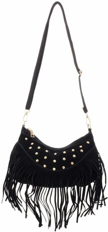 Tas met franjes en studs 28x19cm zwart