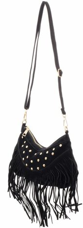 Tas met franjes en studs 28x19cm zwart