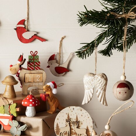 Paddenstoel kerstbal hout hangdecoratie rood/wit
