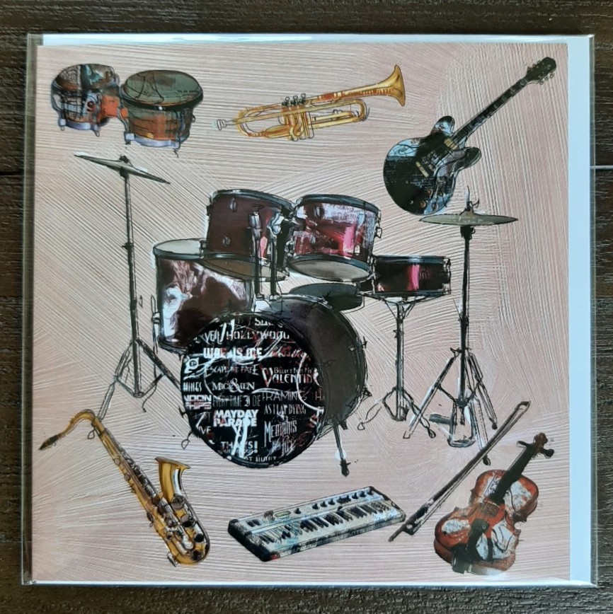 bout Medicinaal Uitbeelding Mooie blanco Muziek wenskaart drumstel 12,5 x 12,5 cm met gekleurde  envelop. - zwartwitshop