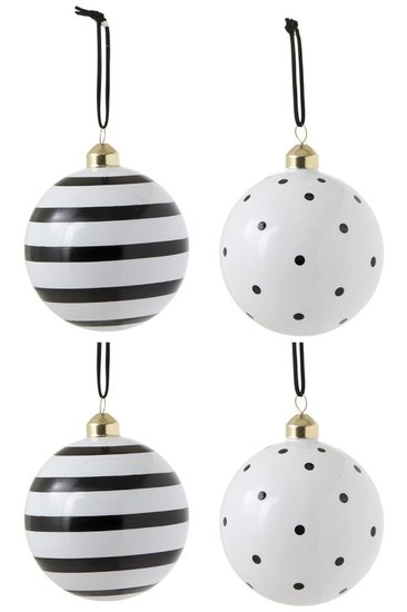 Kerstballen Strepen stippen 10 cm. zwart wit