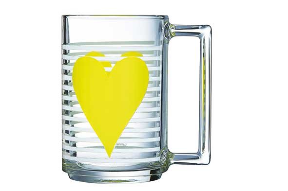 Glas/beker 32 CL  met Geel hart 2 stuks