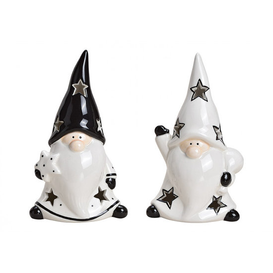 Kerstman gnome keramisch wit, zwart 2 ass