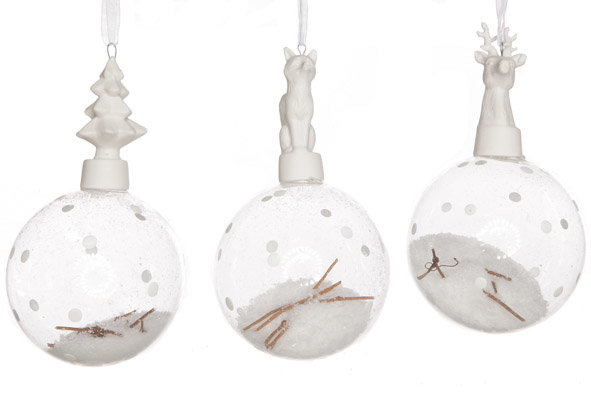 KERSTBAL VOS/BOOM/HERT MET WITTE STIPPEN GLAS 8X8XH14CM