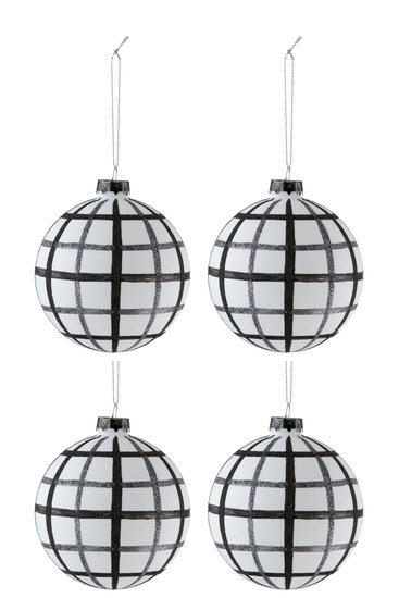 4 Kerstballen ruiten 10 cm. zwart wit