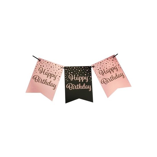 Slinger/Party flag banner roze/zwart - Happy birthday