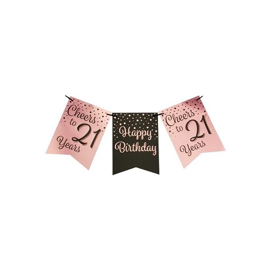 Slinger/Party banner roze/zwart - 21 jaar - Happy birthday