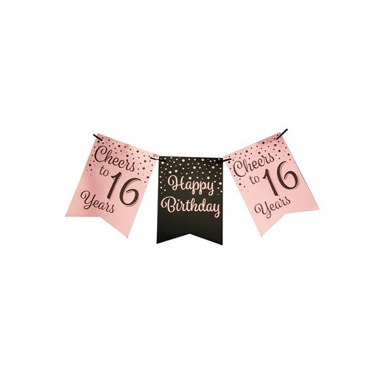 Slinger/Party banner roze/zwart - 16 jaar - Happy birthday