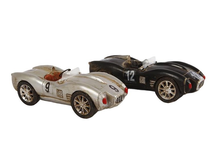 Decoratie 'retro' race auto 2ass 20,6x7,6x5,9cm zilver