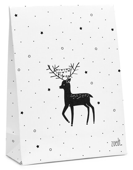 Kerst cadeauzakje wit met zwart patroon en hertje - met bodem ZOEDT