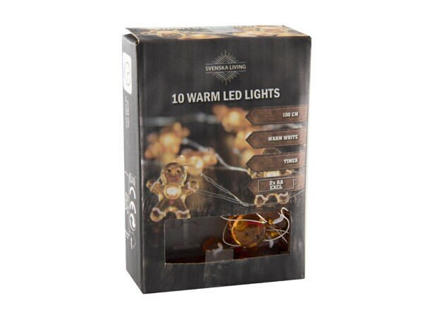 Peperkoekpop x10 warm led aan draad met timer 2xAA 