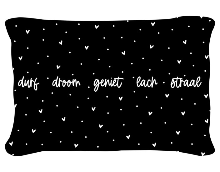 Buitenkussen zwart met tekst 'durf, droom, geniet, lach, straal' 40x60cm Zoedt