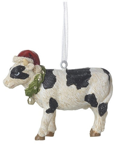 Kerstbal Koe met kerstmuts, krans en bel