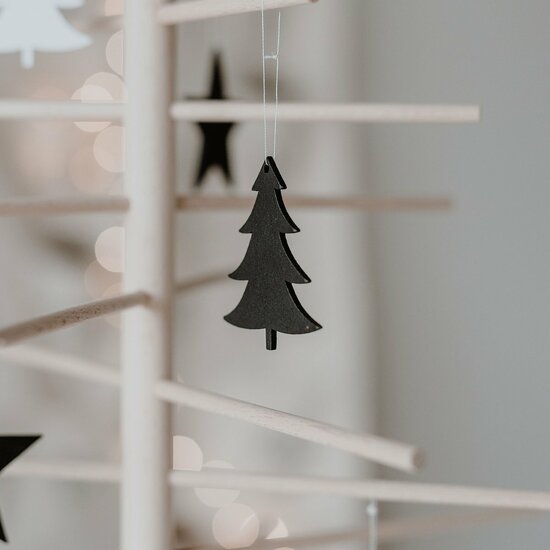 Zwarte Kerstbomen houten hangers set van 8