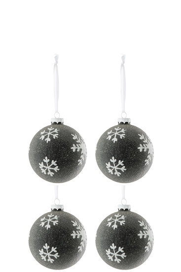 4 x Kerstballen Parels+Sneeuwvlok Glas Grijs donker wit  J-Line