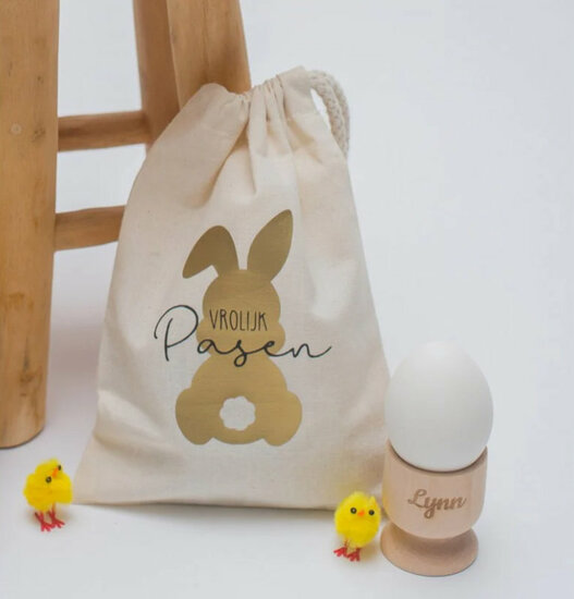 Katoenen zakje voor cadeau/eitjes Vrolijk Pasen