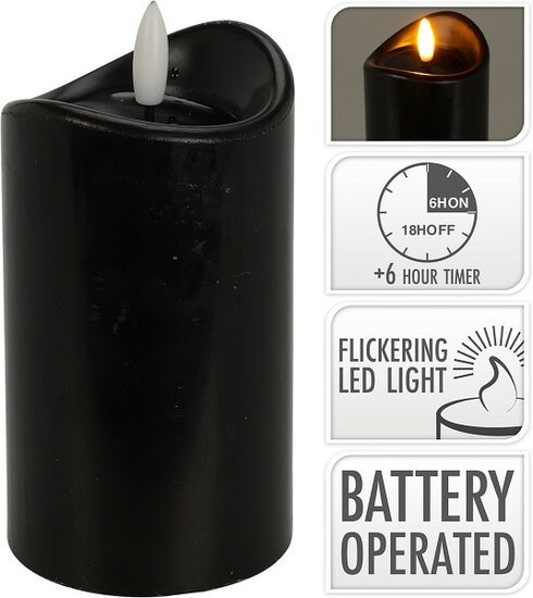 LED kaars zwart 12.5cm TIMER (batterij)