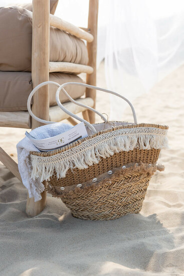 Strandtas Riet Kwastjes Jute schelp Naturel/Ecru J-Line