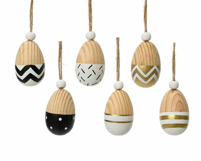 Paaseieren RESTANT hout set van 6 / H.6cm zwart/wit