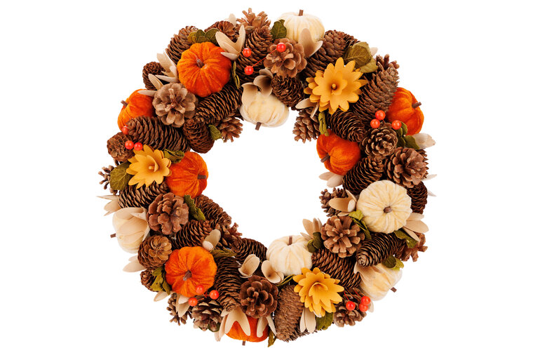 HERFSTKRANS BRUIN MET POMPOENEN HOUT