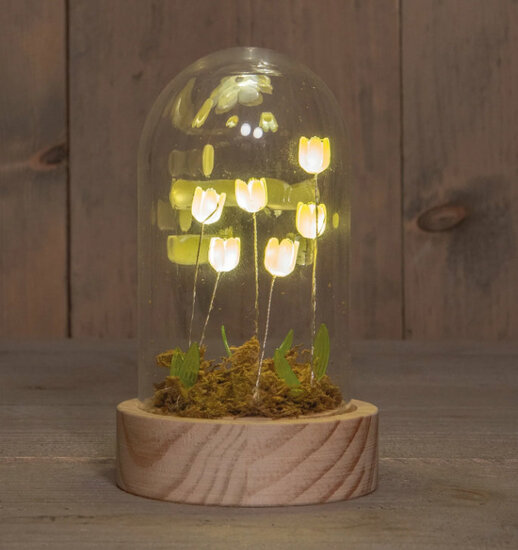 STOLP GLAS MET TULPEN 6 LED OP BATTERIJ 8.5X14CM GEEL