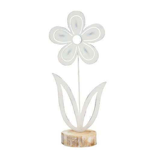 Bloem op houten voet van wit metaal H32 cm.