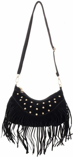 Tas met franjes en studs 28x19cm zwart