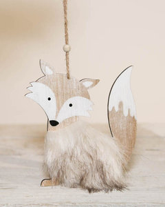 Kerst-hanger | Vos met Faux Fur    Afmeting: 14 cm  Materiaal: hout