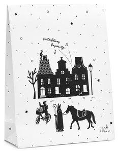 Sinterklaas cadeauzakje wit met zwart patroon en Sint tafereeltje